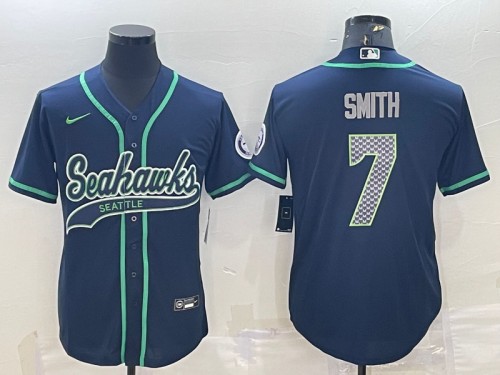 Men's Seattle Seahawks #7 Geno Smith Navy With Patch Cool Base Stitched Baseball Jersey - Click Image to Close